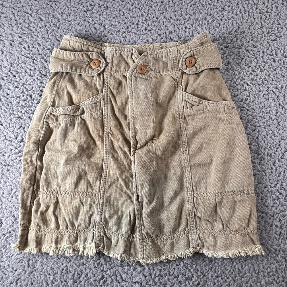 Free People Khaki Green Raw Hem Button Accent And Closure Pockets Skirt Size 4